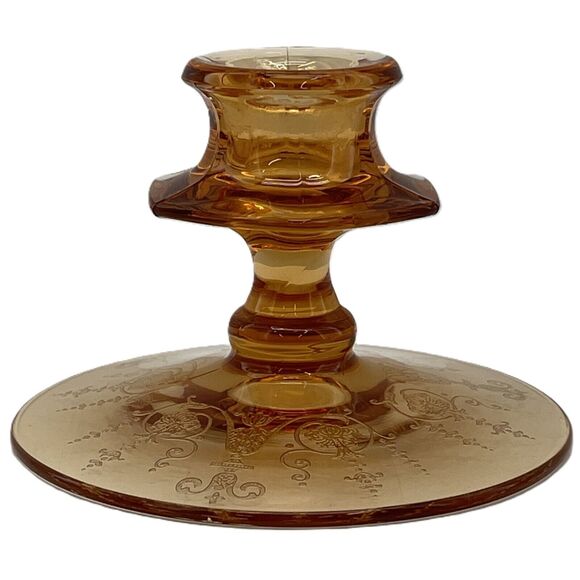 Vintage Amber Glass Candlestick Holders Etched Footed Candle Holder - Few Cracks - Picture 2 of 12